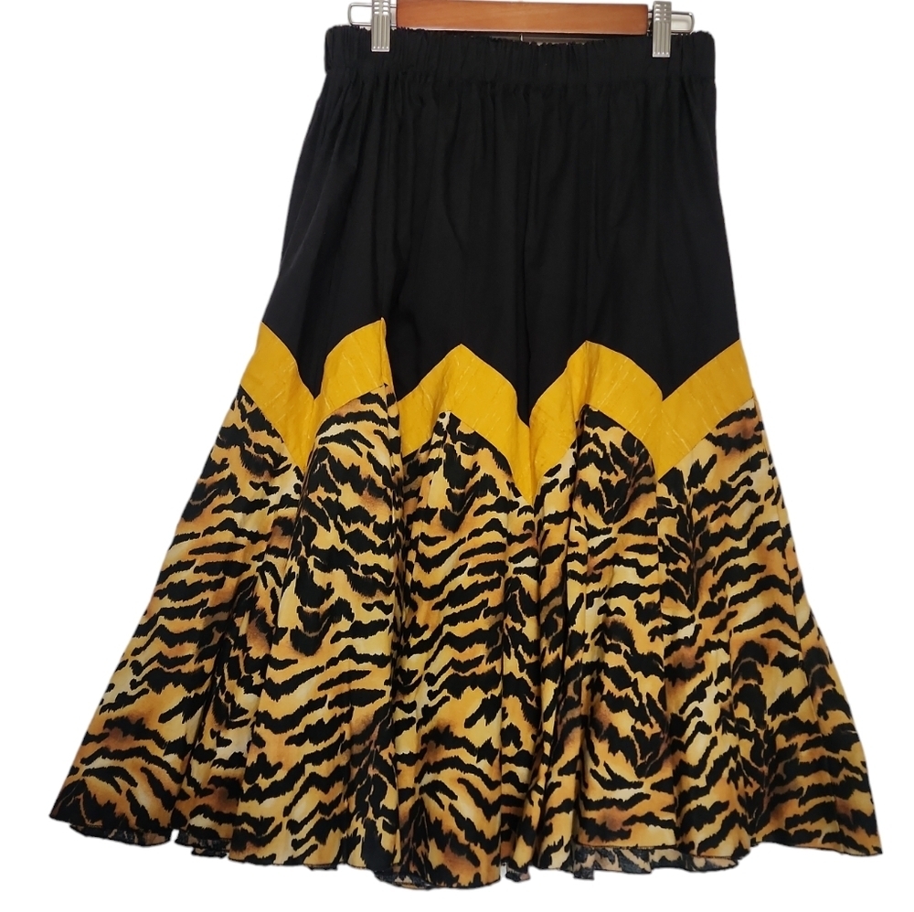 Vintage 80s Tiger Animal Print Midi Skirt Chevron Waist High Rise Boho Pin Up - Picture 3 of 9